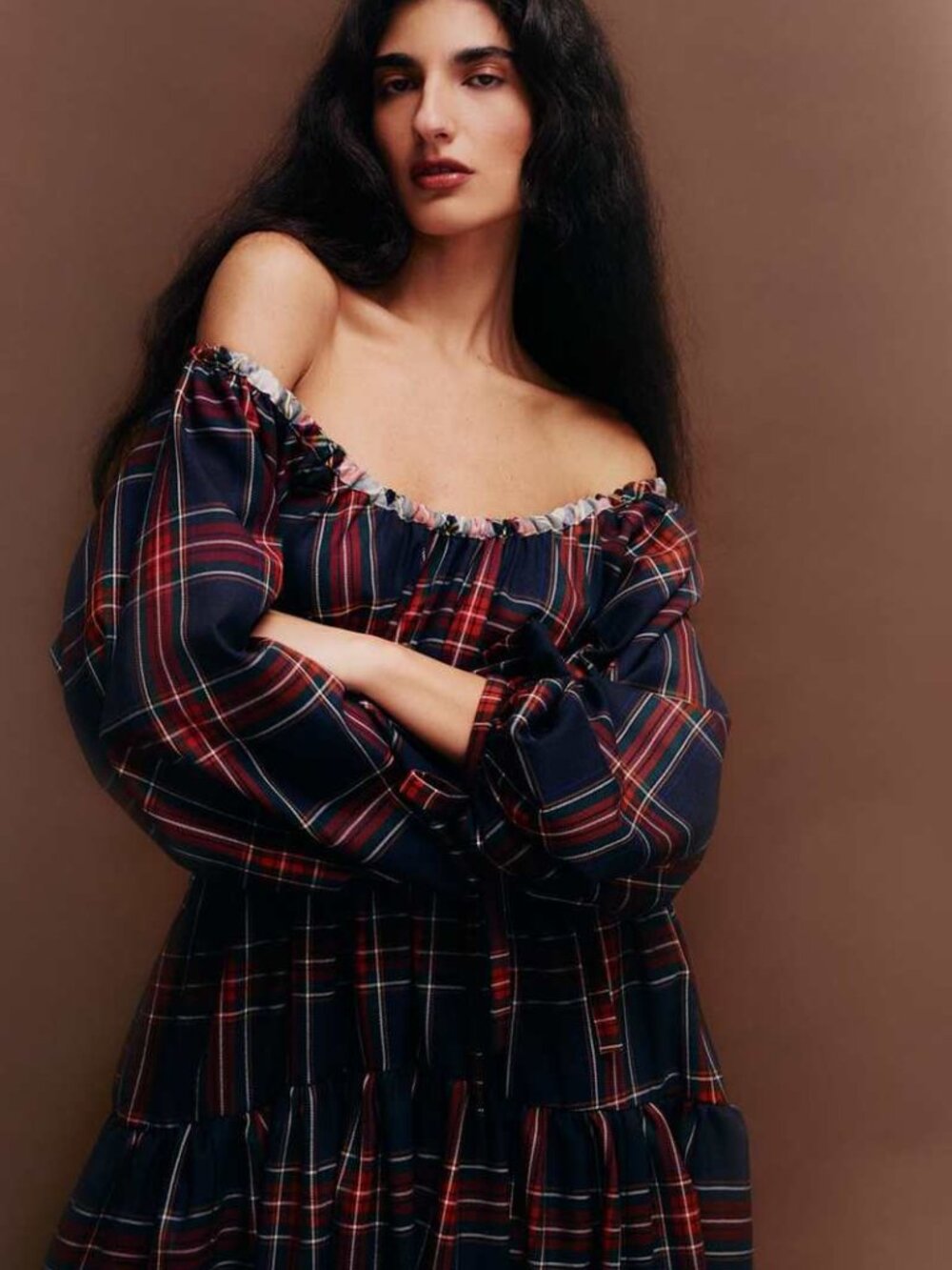 ELIZA FAULKNER Free People Josie dress navy plaid tiered midi Puff Sleeves Bow L